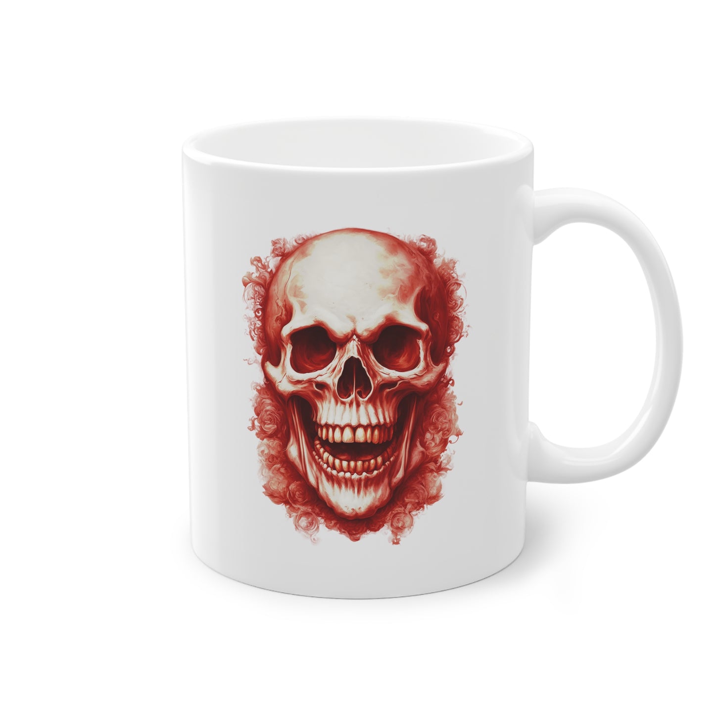 Weisse Tasse lachender Totenkopf rot
