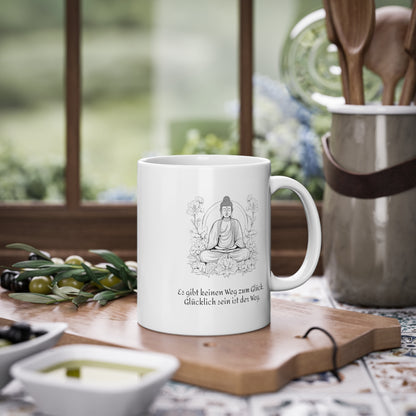 Weisse Tasse Sinnspruch Buddha "Glück"