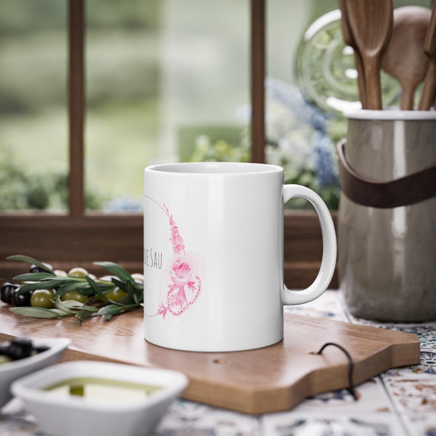 Weisse Pöbel Tasse mit Rosen "Blöde Sau"