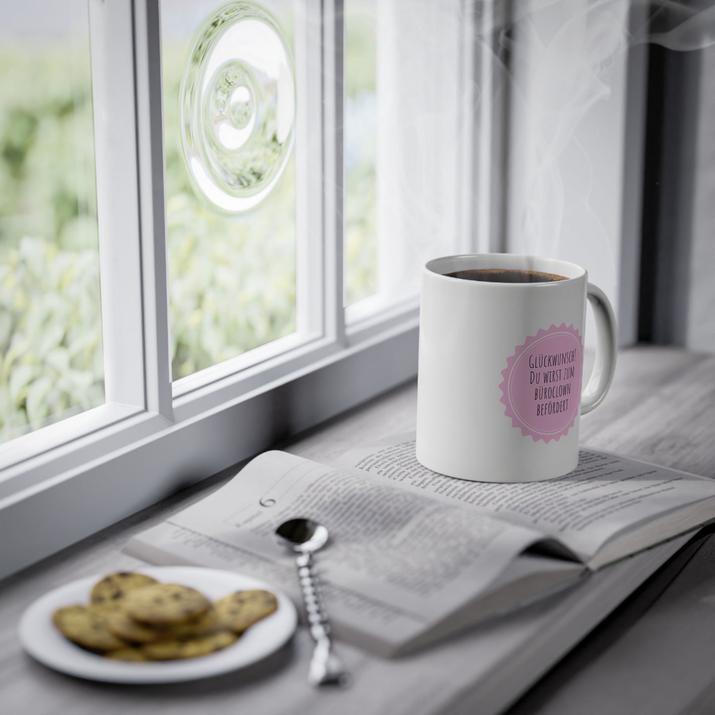 Weisse Tasse Beförderung zum Büroclown