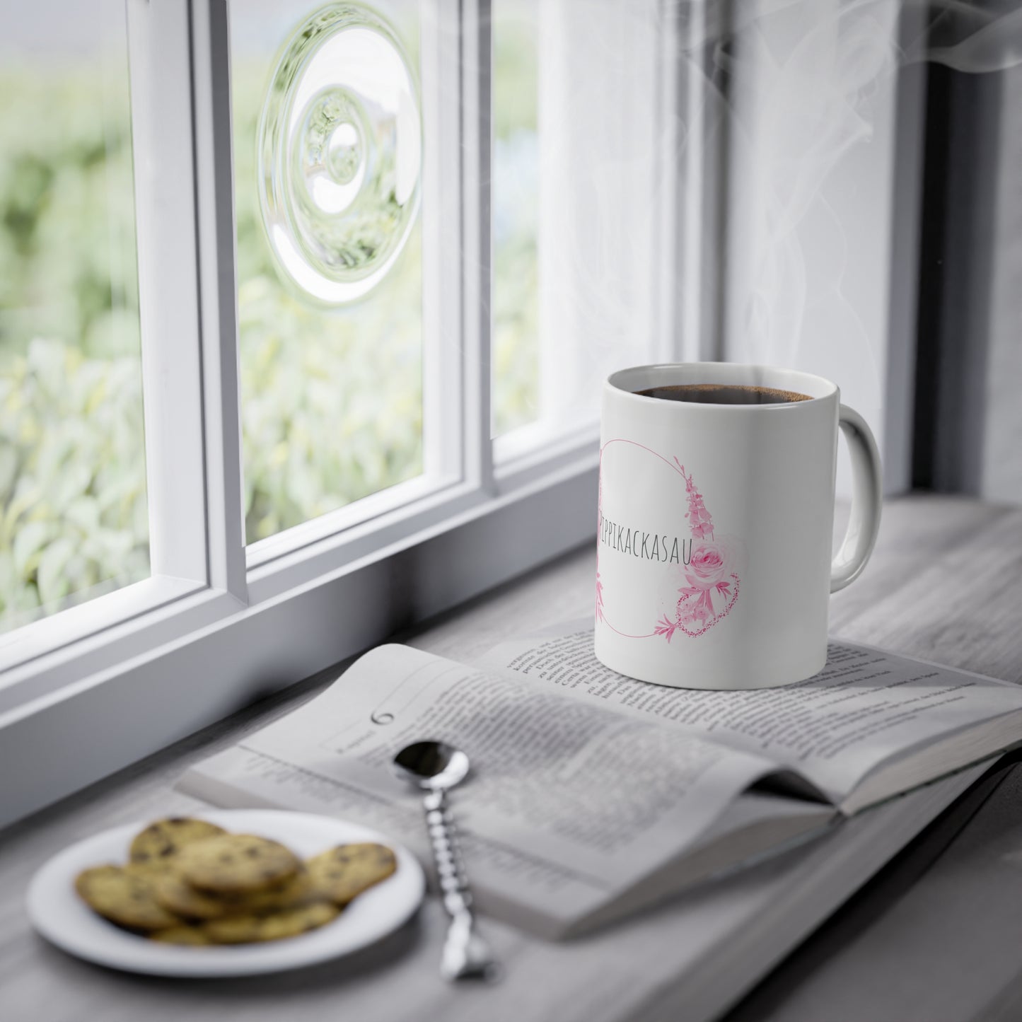 Weisse Pöbel Tasse mit Rosen "Pippikackasau"