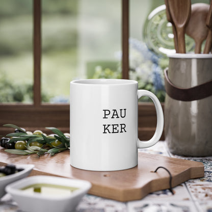 Weisse Design Tasse "Pauker"