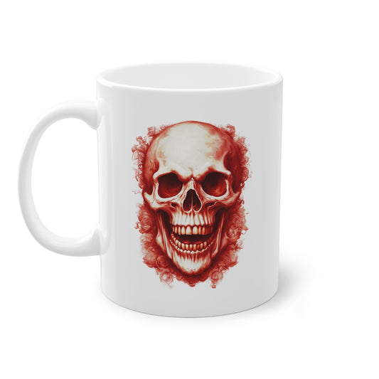 Weisse Tasse lachender Totenkopf rot