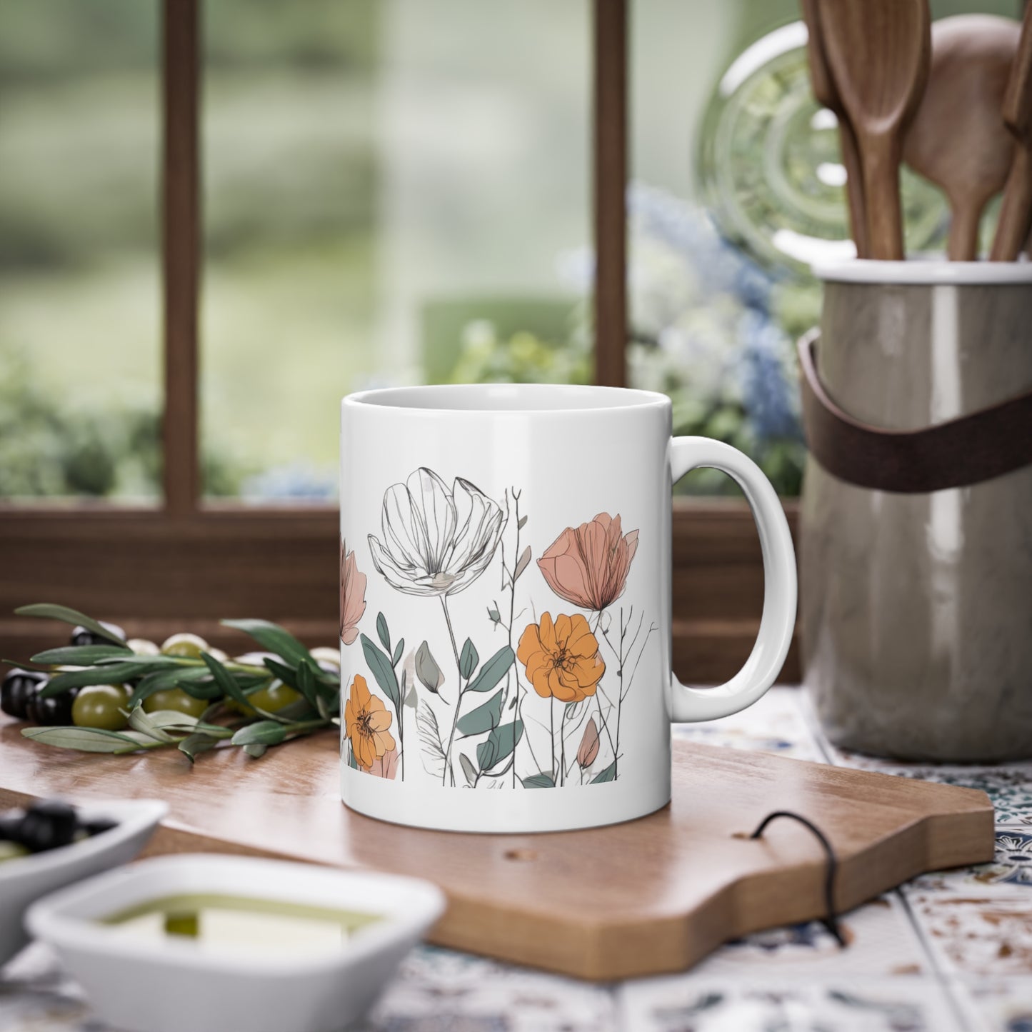 Weisse Boho Tasse  Blumen 1