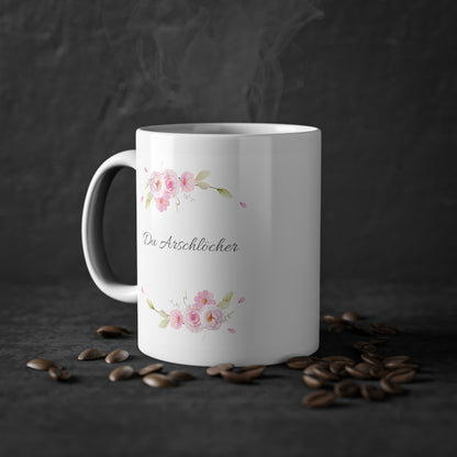 Weiße Pöbel Tasse Blumengirlande "Du Arschlöcher"