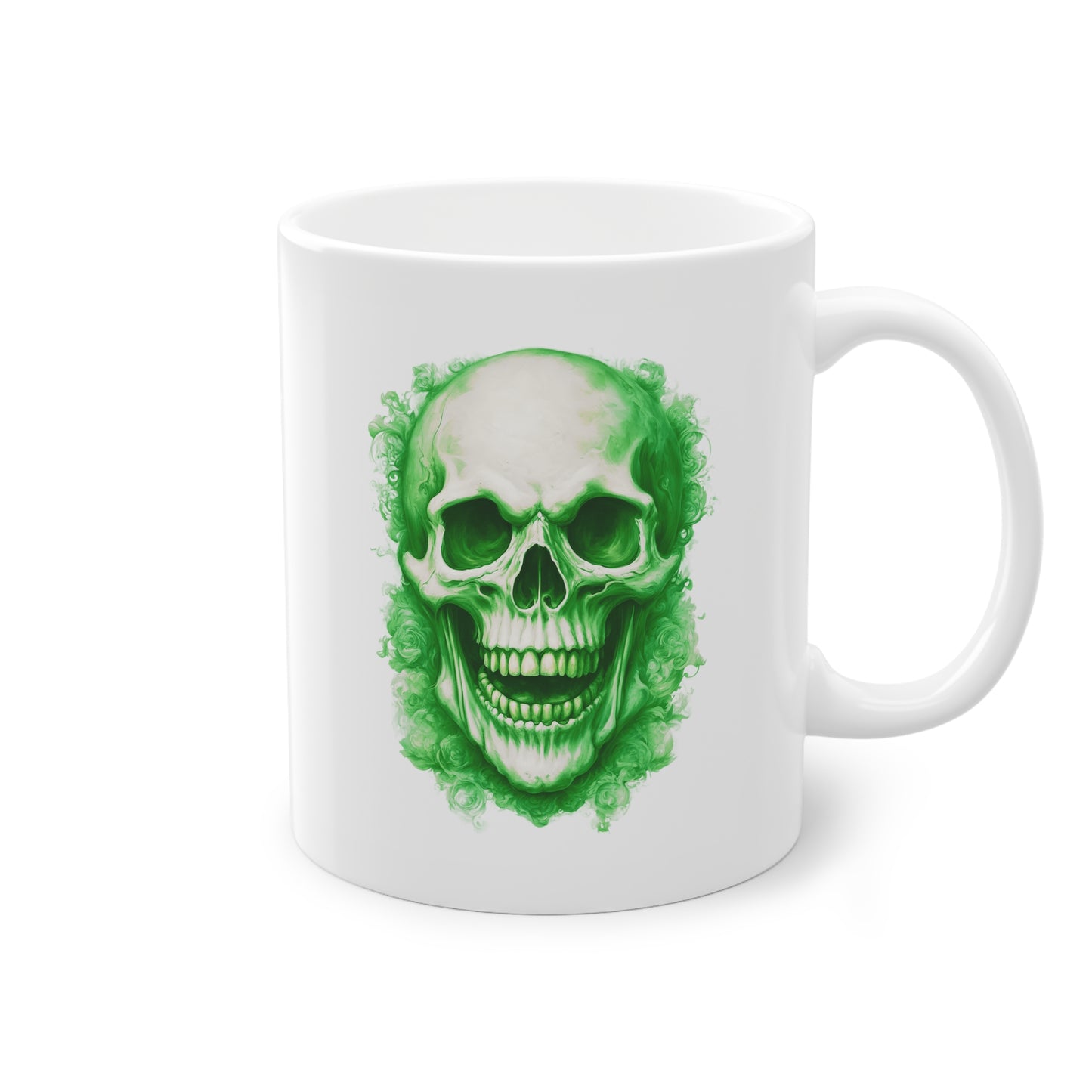 Weisse Tasse lachender Totenkopf grün