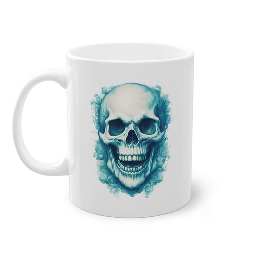 Weisse Tasse lachender Totenkopf türkis