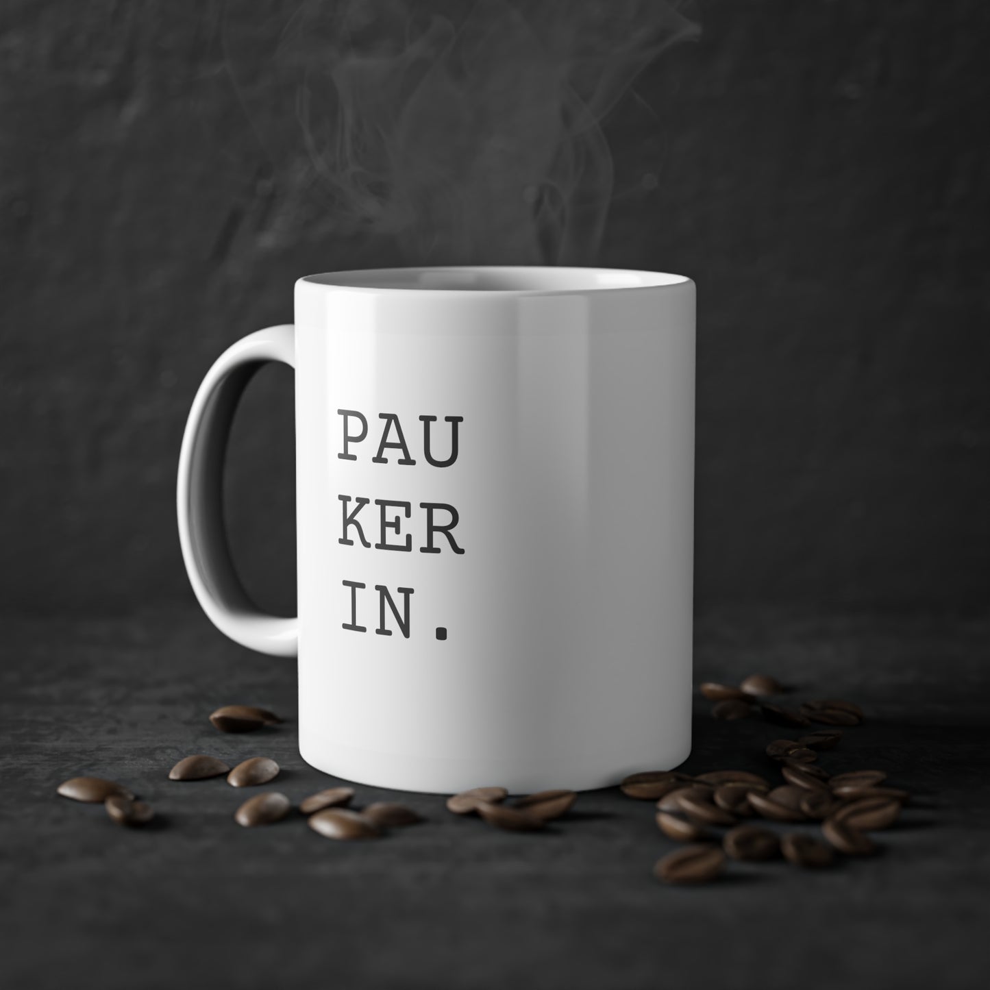 Weisse Design Tasse "Paukerin"