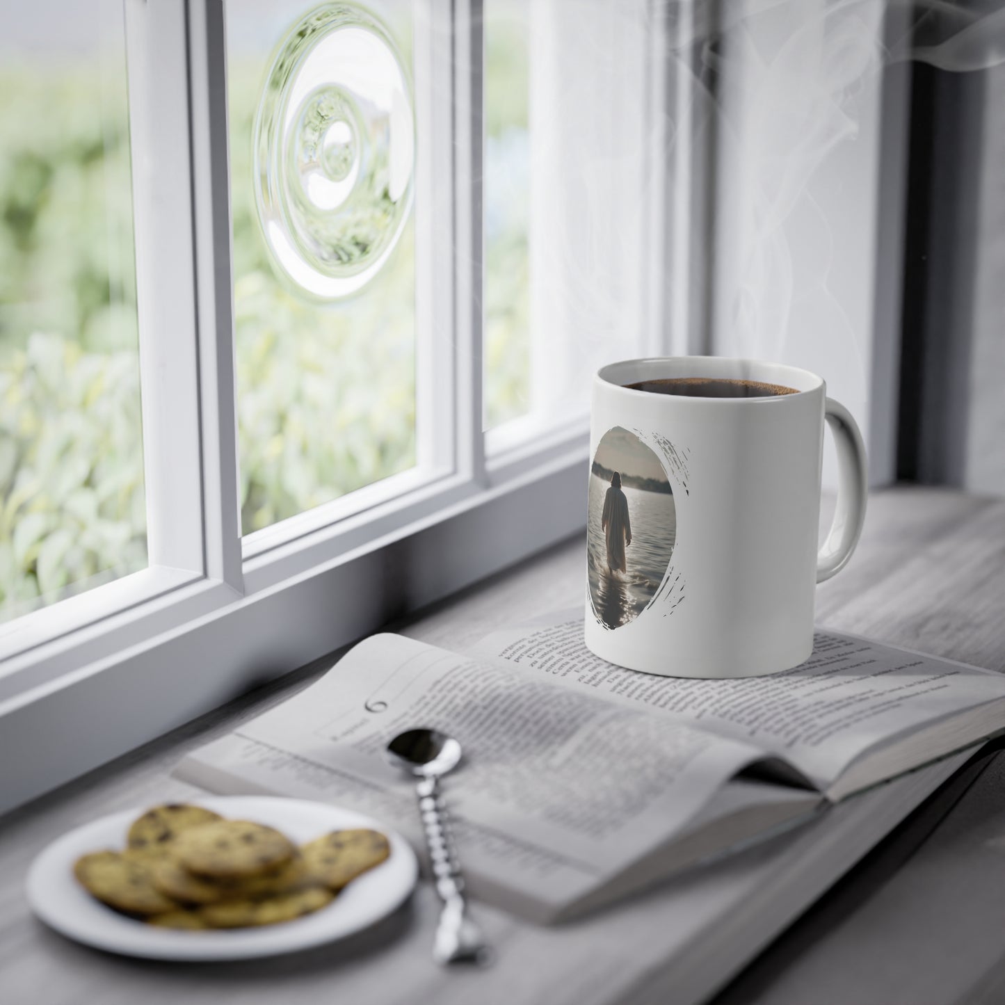 Weisse Tasse Jesus auf dem Wasser