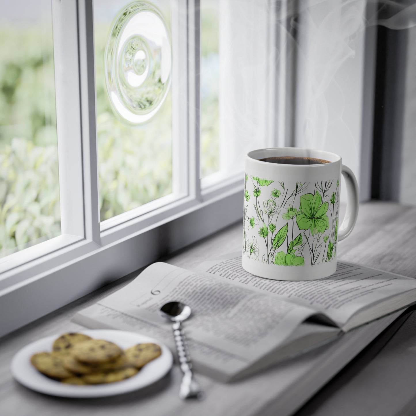 Weisse Tasse grüne Blumen