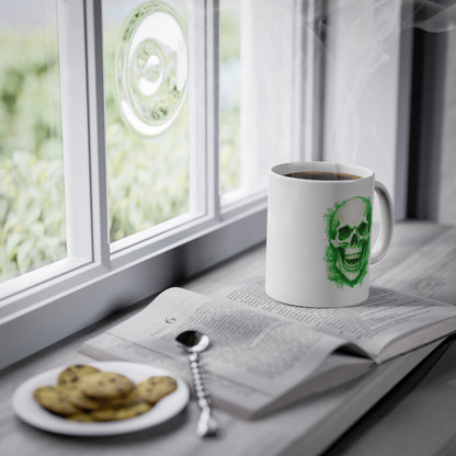 Weisse Tasse lachender Totenkopf grün