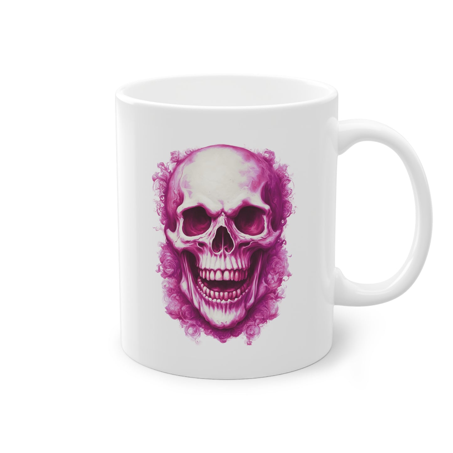 Weisse Tasse lachender Totenkopf lila