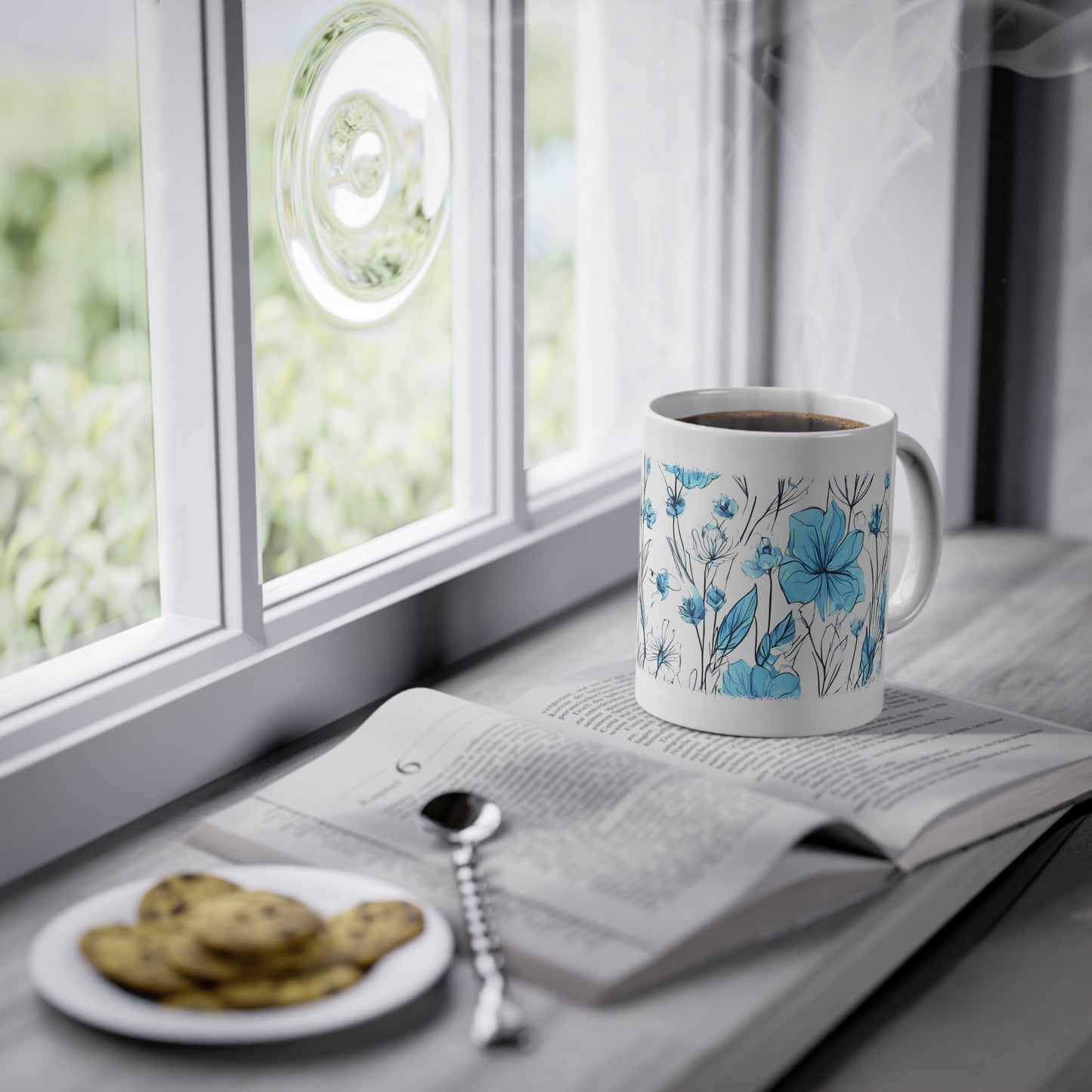 Weisse Tasse blaue Blumen