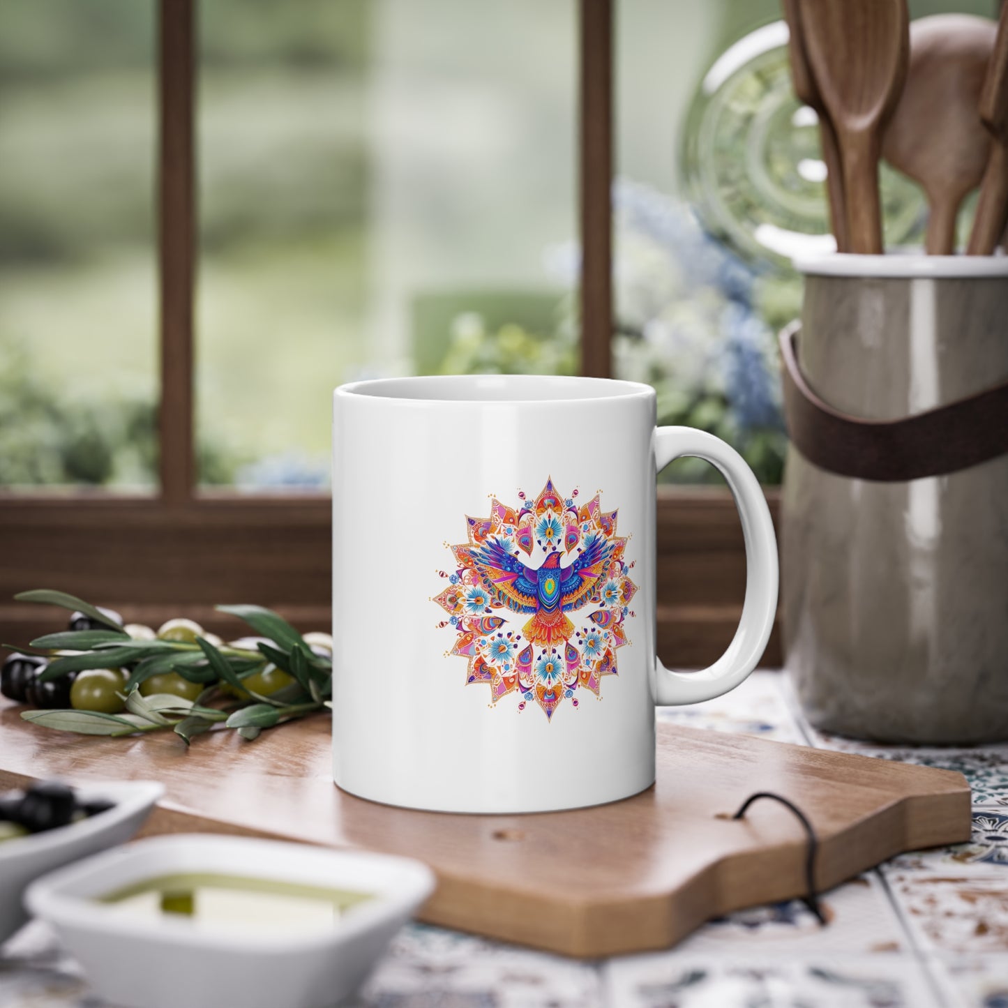 Weisse Mandala Tasse Vogel 4