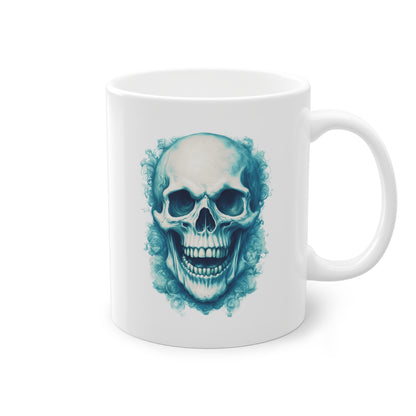 Weisse Tasse lachender Totenkopf türkis