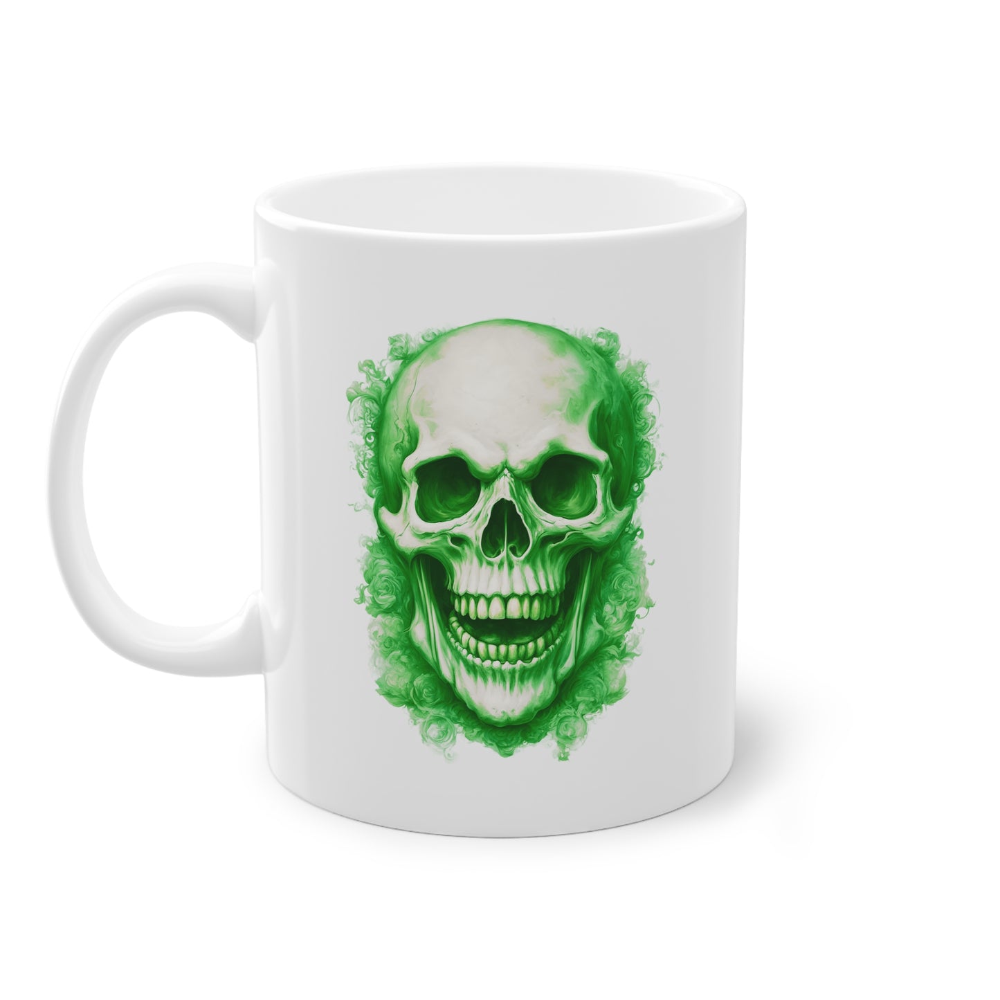 Weisse Tasse lachender Totenkopf grün