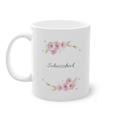 Weiße Pöbel Tasse Blumengirlande "Scheissdreck"