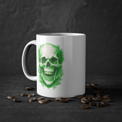 Weisse Tasse lachender Totenkopf grün