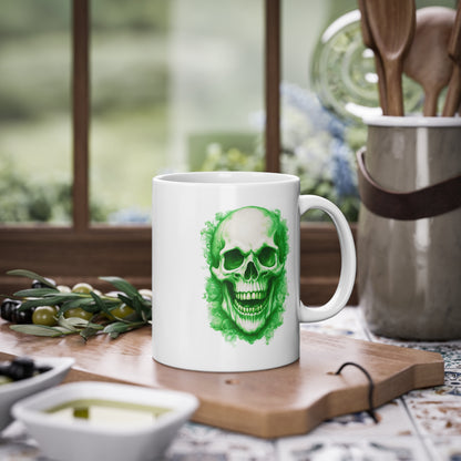 Weisse Tasse lachender Totenkopf grün