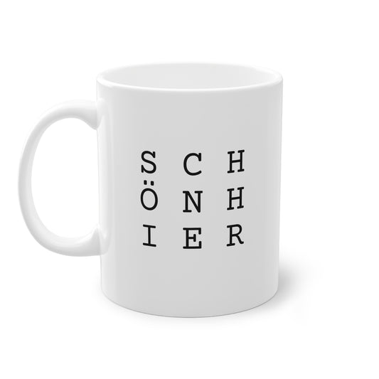 Weisse Design Tasse "Schön hier"